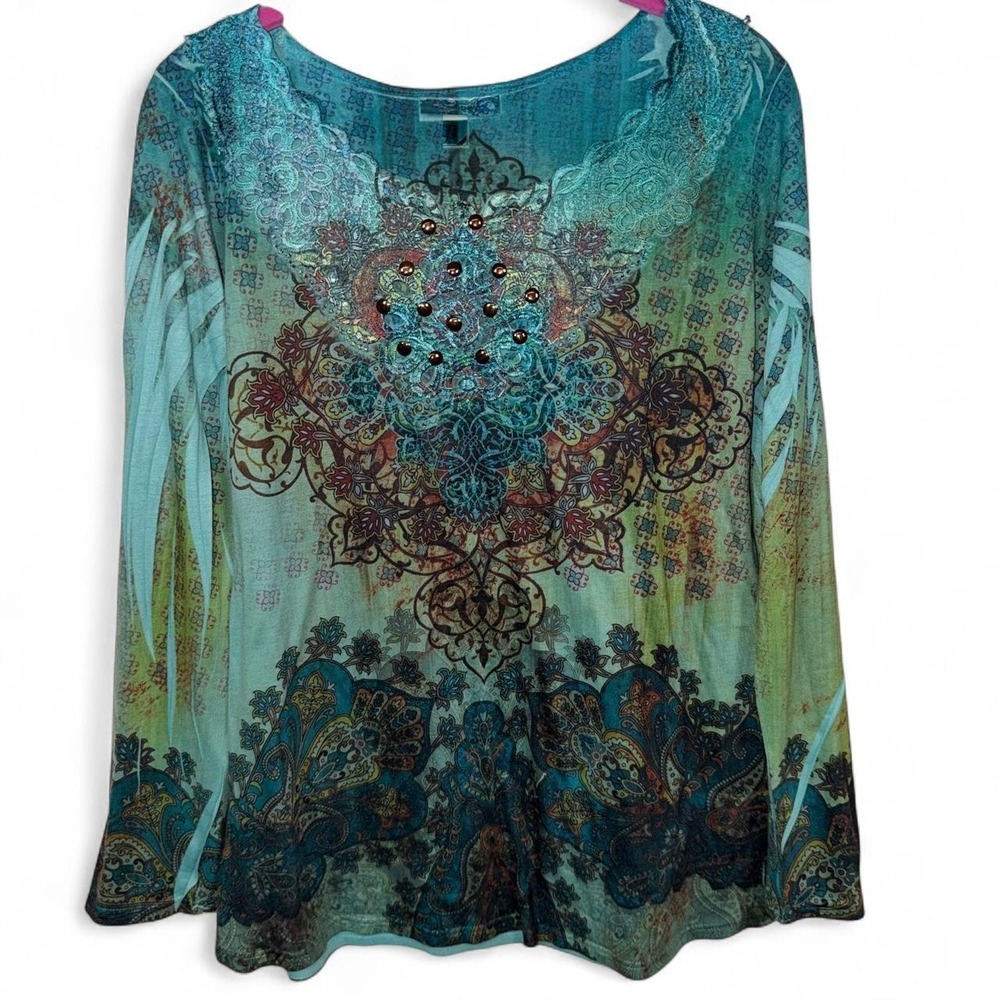 DressBarn Boho Paisley Embellished Sheer Long Sleeve Blouse Size Large